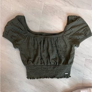 Hollister Eyelet Green Off the Shoulder Crop Top